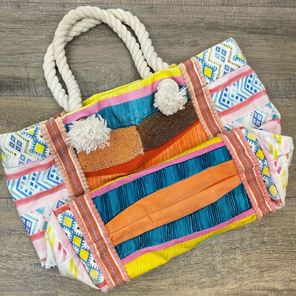 Large Beach Bag Colorful Beaded Geometric Ikat Print Bohemian Embroidered